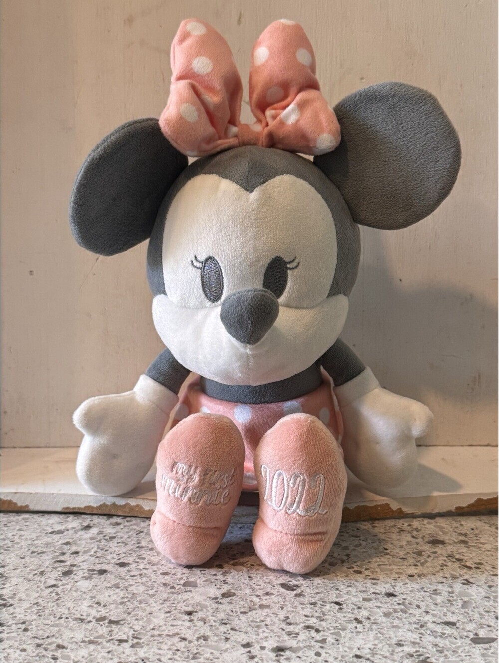 Disney Baby My First Minnie Mouse 2022 Plush 12” Pink Gray Polka Dot Baby